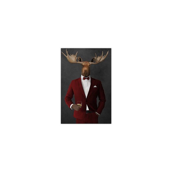 Moose drinking whiskey wearing red suit small wall art print