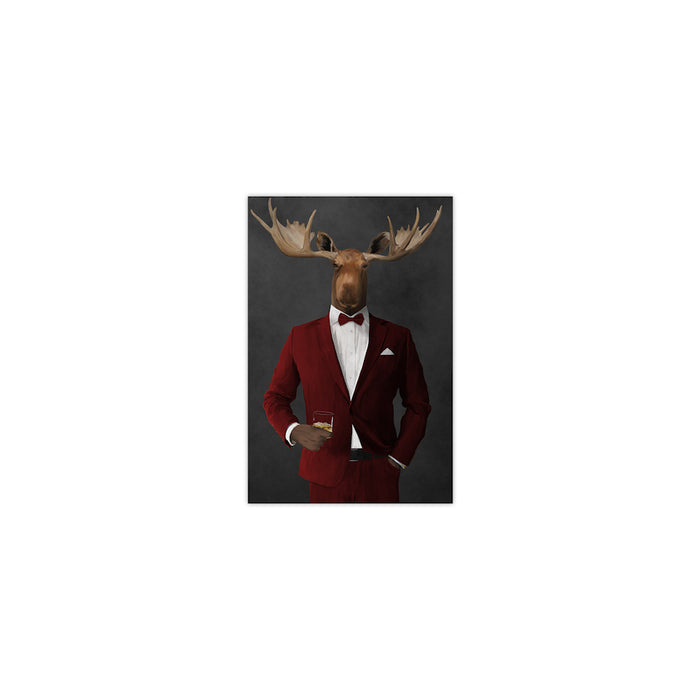 Moose drinking whiskey wearing red suit small wall art print