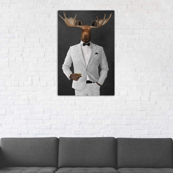 Moose Drinking Whiskey Wall Art - White Suit