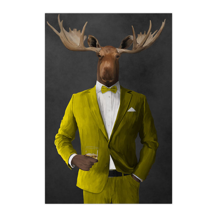 Moose drinking whiskey wearing yellow suit large wall art print