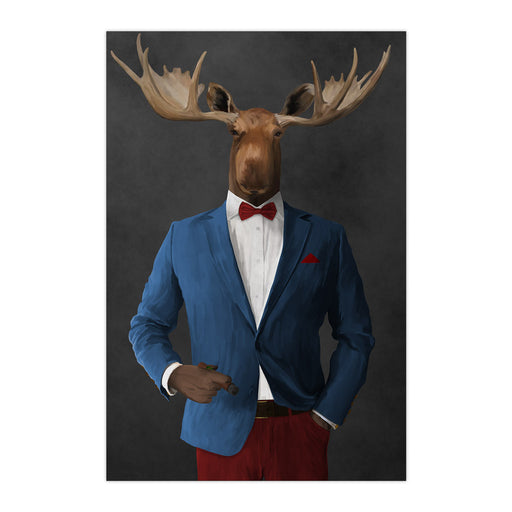 Moose smoking cigar wearing blue and red suit large wall art print