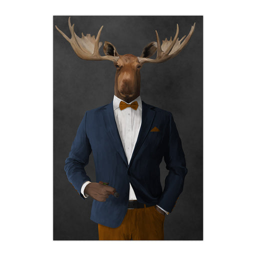 Moose smoking cigar wearing navy and orange suit large wall art print