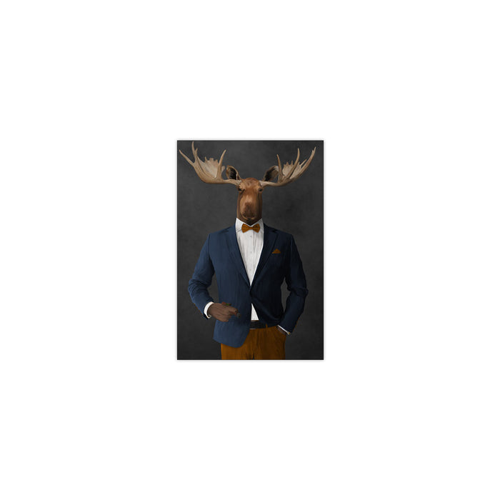 Moose smoking cigar wearing navy and orange suit small wall art print