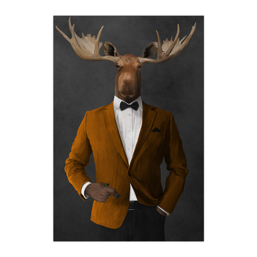Moose smoking cigar wearing orange and black suit large wall art print