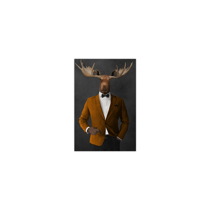 Moose smoking cigar wearing orange and black suit small wall art print