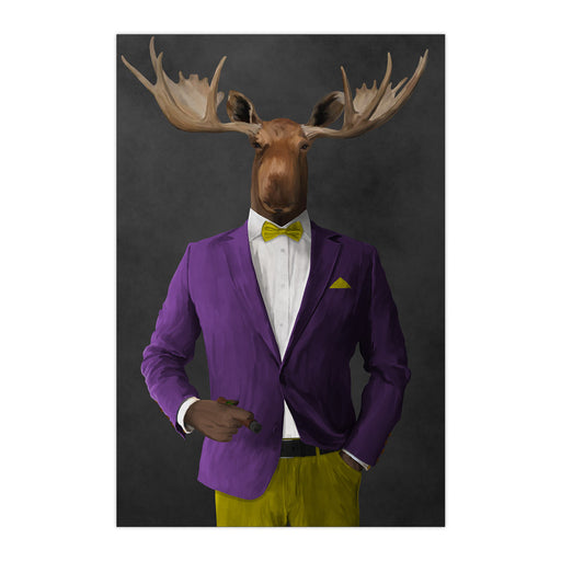 Moose smoking cigar wearing purple and yellow suit large wall art print