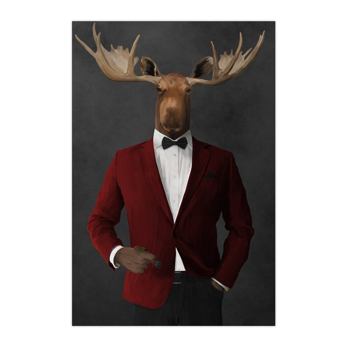 Moose smoking cigar wearing red and black suit large wall art print
