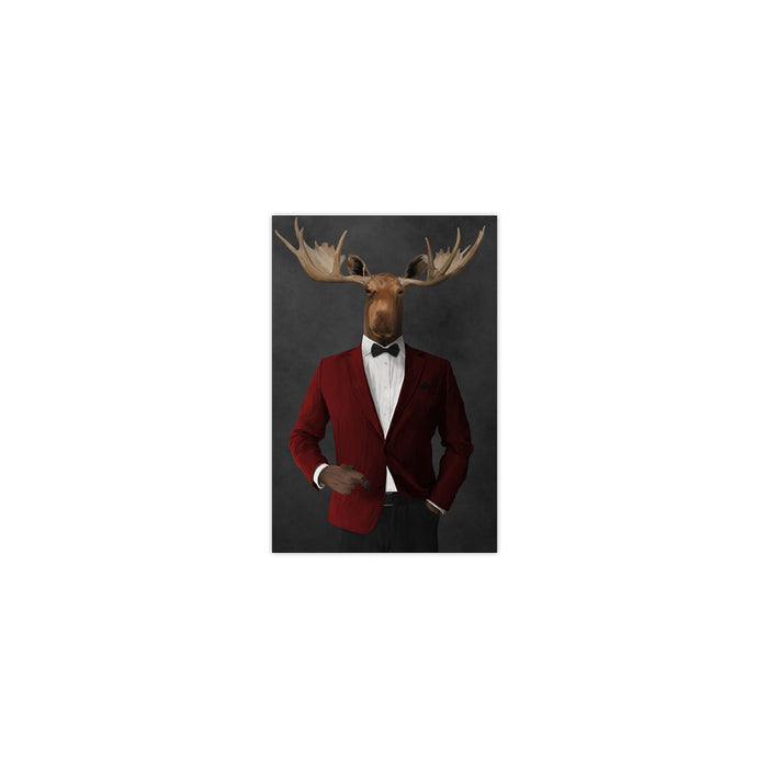 Moose smoking cigar wearing red and black suit small wall art print