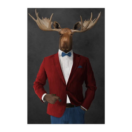 Moose smoking cigar wearing red and blue suit large wall art print