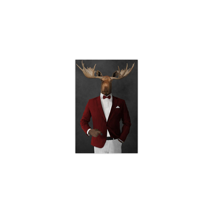 Moose smoking cigar wearing red and white suit small wall art print