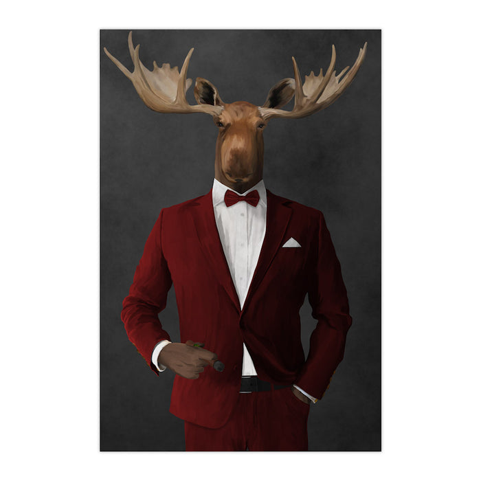 Moose smoking cigar wearing red suit large wall art print