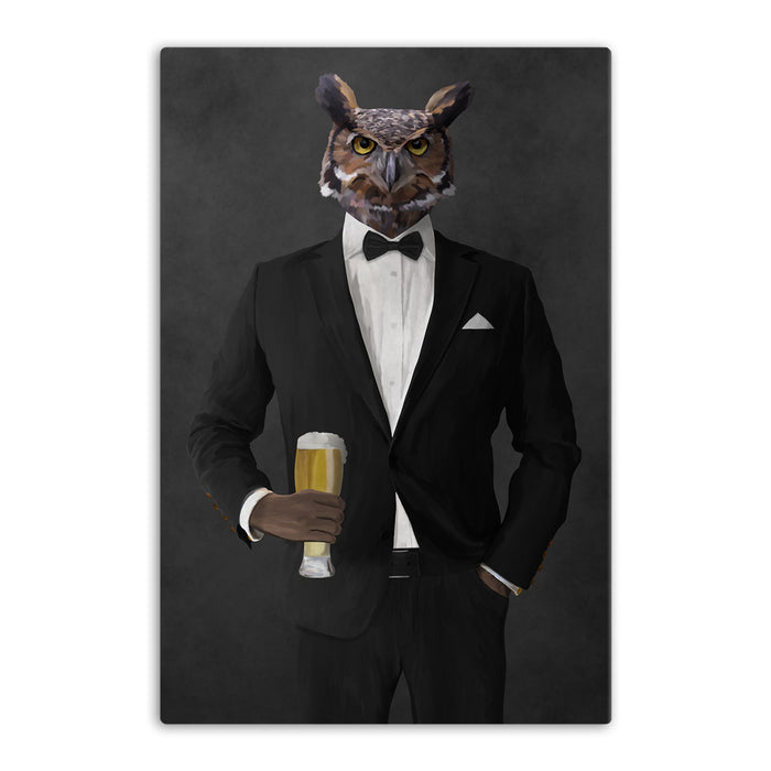 Owl drinking beer wearing black suit canvas wall art