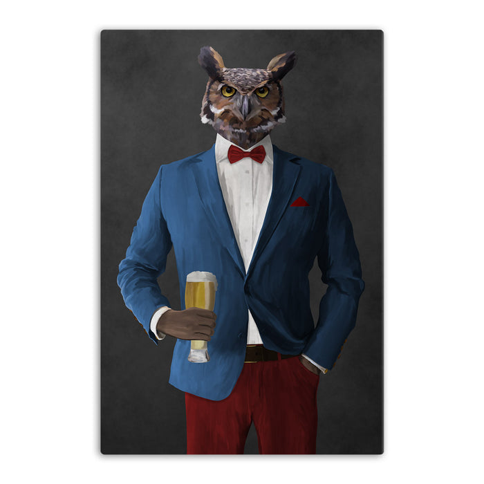 Owl drinking beer wearing blue and red suit canvas wall art