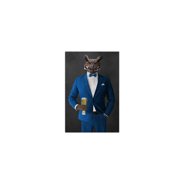 Owl drinking beer wearing blue suit small wall art print