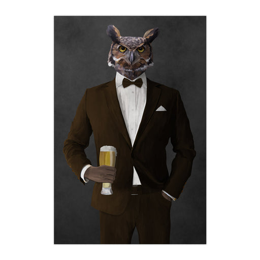 Owl drinking beer wearing brown suit large wall art print