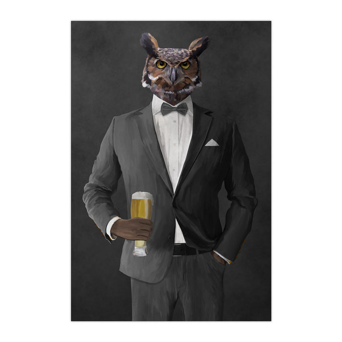Owl drinking beer wearing gray suit large wall art print