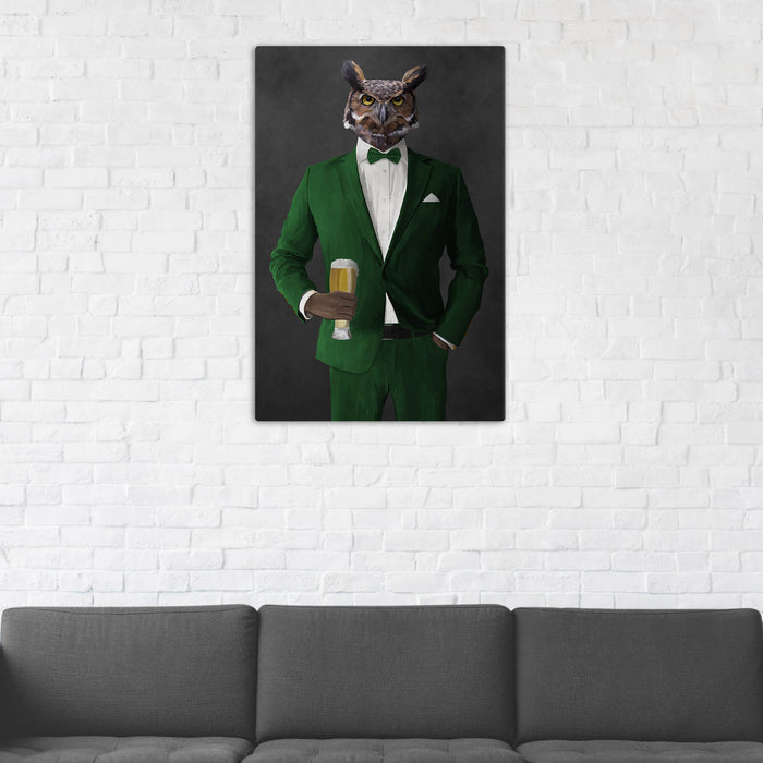 Owl Drinking Beer Wall Art - Green Suit