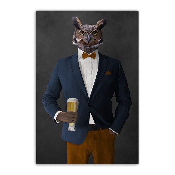 Owl drinking beer wearing navy and orange suit canvas wall art