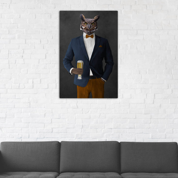Owl Drinking Beer Wall Art - Navy and Orange Suit