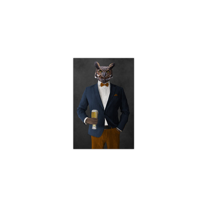 Owl drinking beer wearing navy and orange suit small wall art print