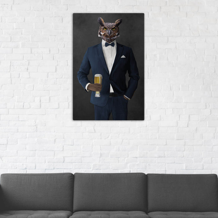 Owl Drinking Beer Wall Art - Navy Suit