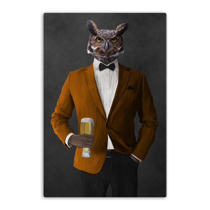 Owl drinking beer wearing orange and black suit canvas wall art