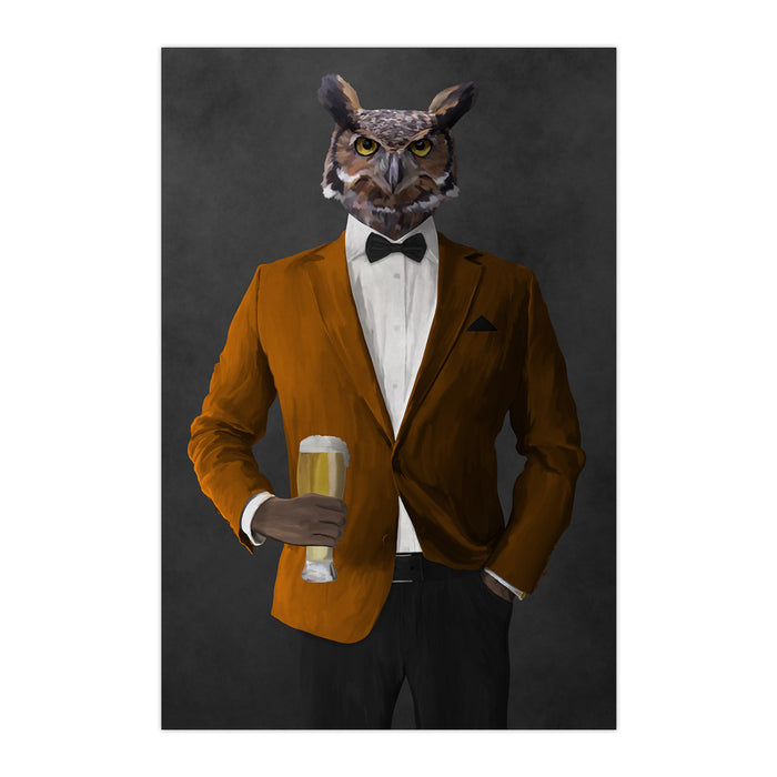 Owl drinking beer wearing orange and black suit large wall art print