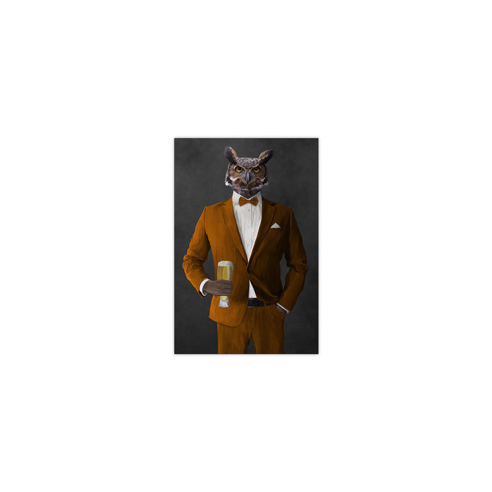 Owl drinking beer wearing orange suit small wall art print