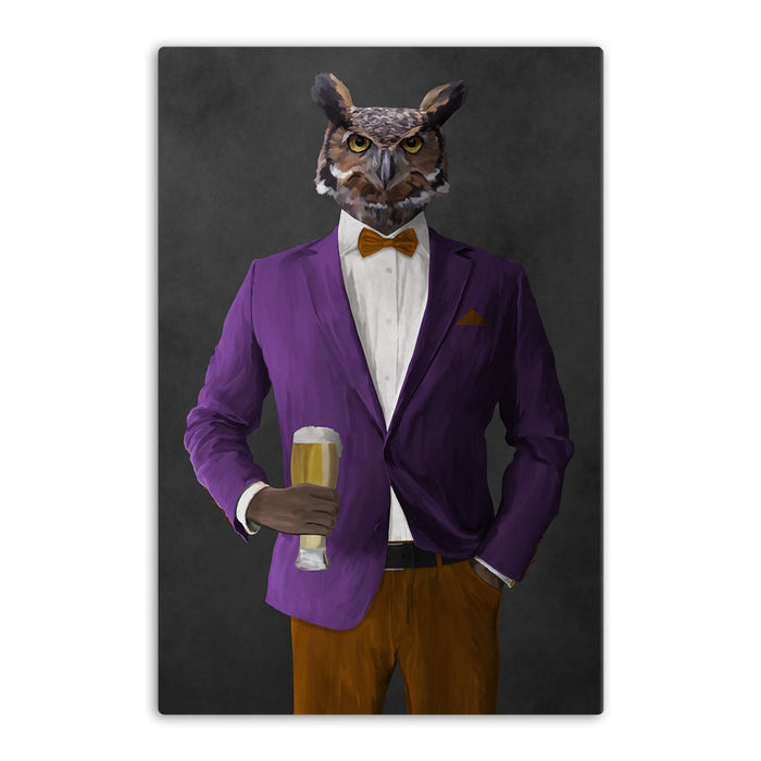 Owl drinking beer wearing purple and orange suit canvas wall art