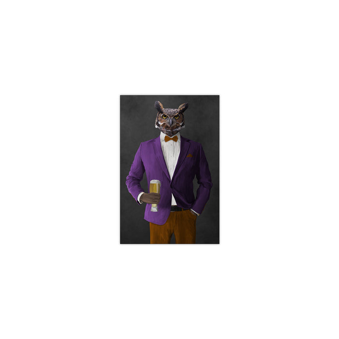 Owl drinking beer wearing purple and orange suit small wall art print