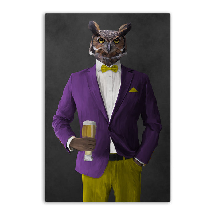 Owl drinking beer wearing purple and yellow suit canvas wall art