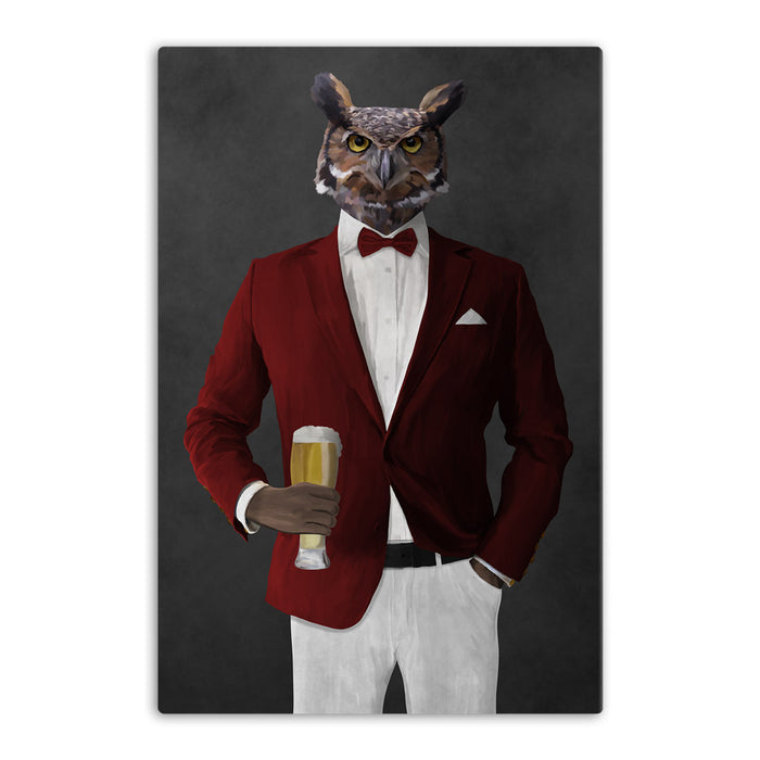 Owl drinking beer wearing red and white suit canvas wall art