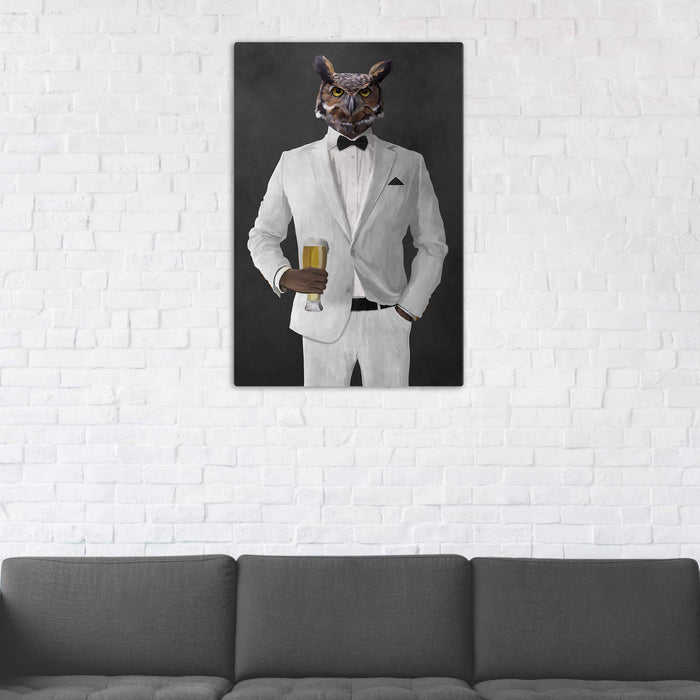 Owl Drinking Beer Wall Art - White Suit