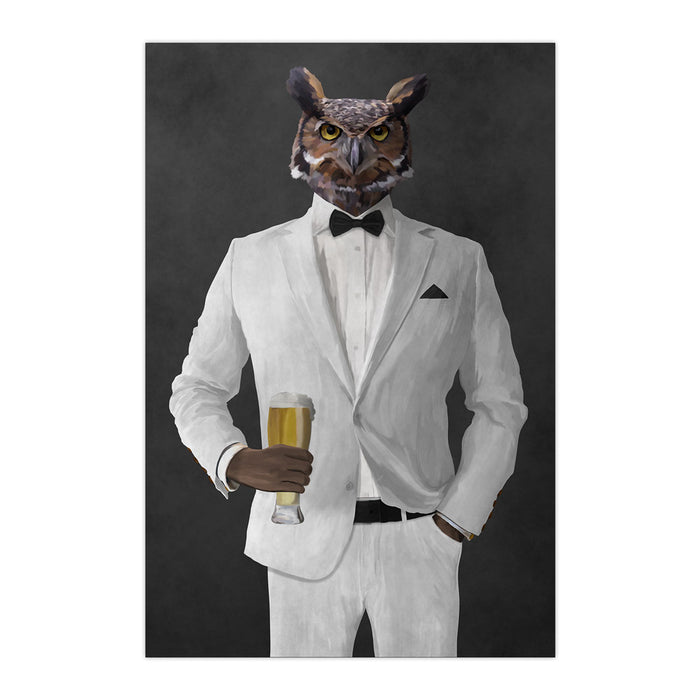 Owl drinking beer wearing white suit large wall art print