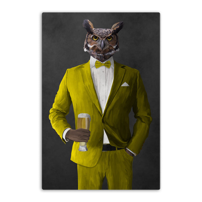 Owl drinking beer wearing yellow suit canvas wall art
