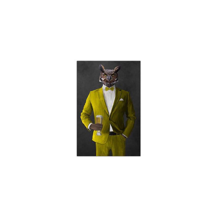 Owl drinking beer wearing yellow suit small wall art print