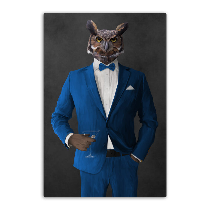 Owl drinking martini wearing blue suit canvas wall art