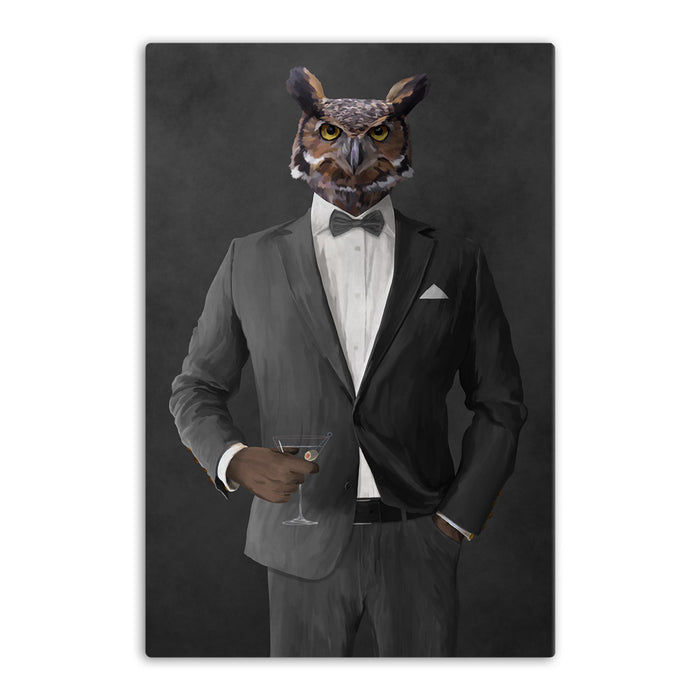 Owl drinking martini wearing gray suit canvas wall art