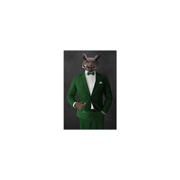 Owl drinking martini wearing green suit small wall art print