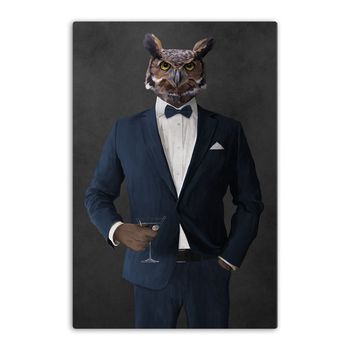 Owl drinking martini wearing navy suit canvas wall art