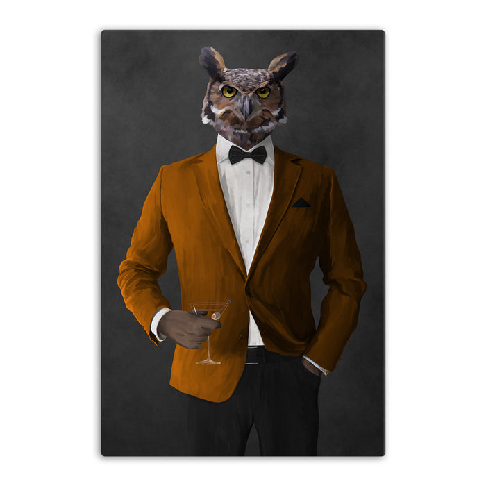 Owl drinking martini wearing orange and black suit canvas wall art