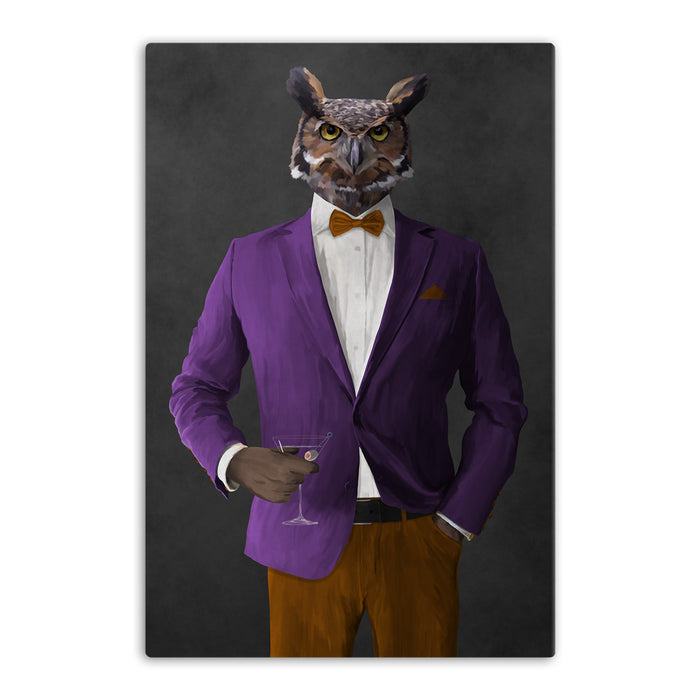 Owl drinking martini wearing purple and orange suit canvas wall art