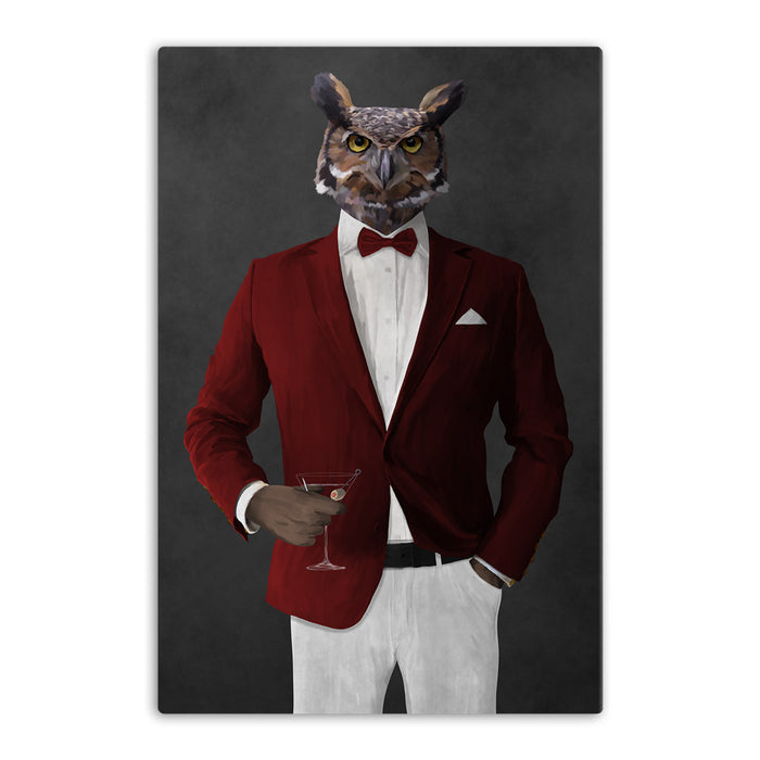 Owl drinking martini wearing red and white suit canvas wall art