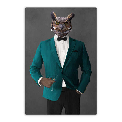 Owl Drinking Martini Wall Art - Teal and Black Suit