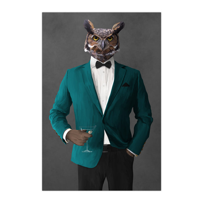 Owl Drinking Martini Wall Art - Teal and Black Suit
