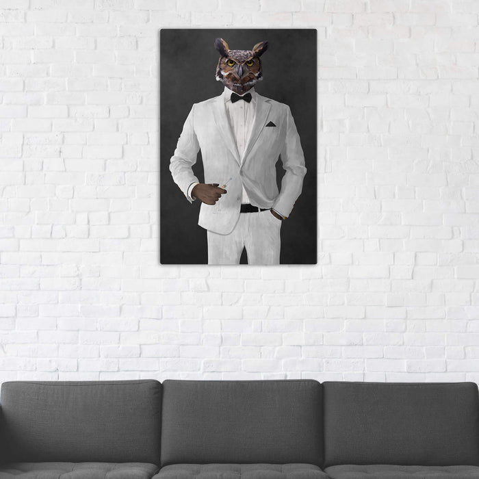 Owl Drinking Martini Wall Art - White Suit