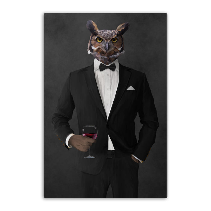 Owl drinking red wine wearing black suit canvas wall art