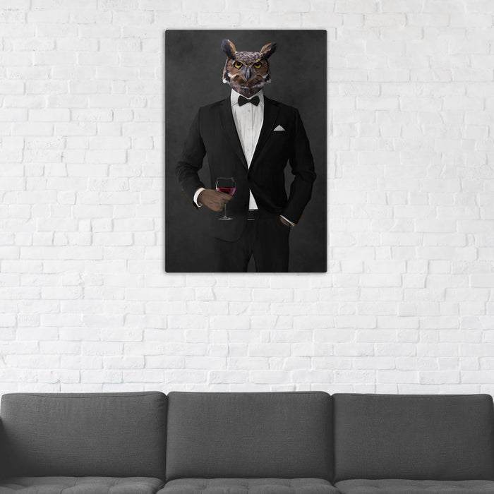Owl Drinking Red Wine Wall Art - Black Suit
