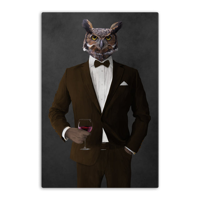 Owl drinking red wine wearing brown suit canvas wall art