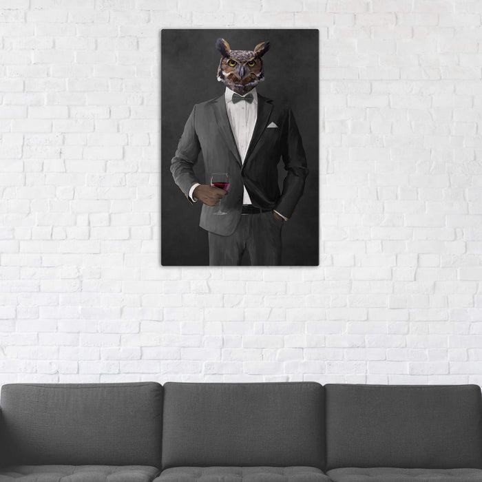 Owl Drinking Red Wine Wall Art - Gray Suit